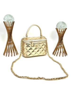 Chanel Vanity Case With Miror Metalik Gold Kadın Çanta VLT327 Gold