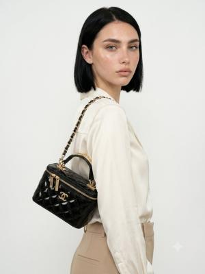 Chanel Vanity Case Siyah Rugan Orta Boy Omuz Çantası VLT-423 Siyah