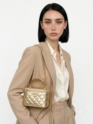 Chanel Vanity Case Gold Metalik Orta Boy Omuz Çantası VLT-424 Gold
