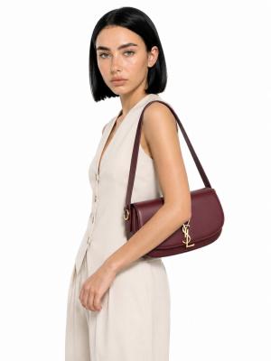 YSL Voltaire Bordo Logolu Deri Baget Omuz Çantası VLT-449 Bordo