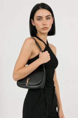 YSL Voltaire Siyah Logolu Deri Baget Omuz Çantası VLT-450 Siyah