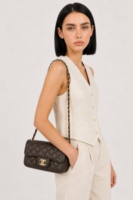 Chanel Pre-Owned Classic Flap Acı Kahve Kapitone Deri Kadın Omuz Çantası VLT-455 Acı Kahve