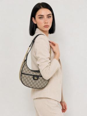Gucci Ophidia Small GG Kahverengi Supreme Yarım Ay Kadın Omuz Çantası VLT-468 Kahverengi