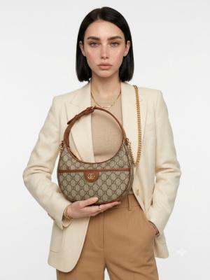 Gucci Ophidia Small GG Ekose Kahve Supreme Yarım Ay Kadın Omuz Çantası VLT-470 Kahverengi