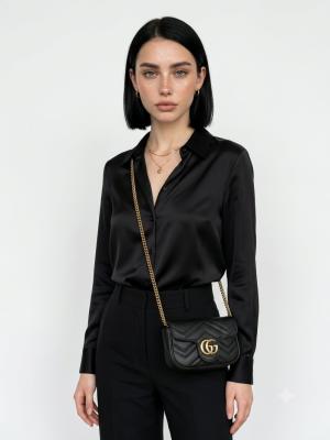 Gucci GG Siyah Marmont Matelasse Mini Omuz Çantası VLT-477 Siyah