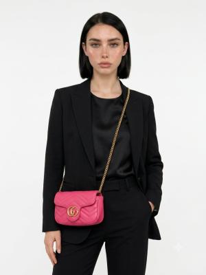 Gucci GG Pembe Marmont Matelasse Mini Omuz Çantası VLT-479 Pembe