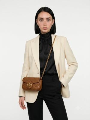 Gucci GG Taba Marmont Matelasse Mini Omuz Çantası VLT-481 Taba