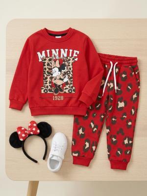 Minnie Mouse Baskılı Leopar Desenli Kırmızı Eşofman Takımı CK004 Kırmızı