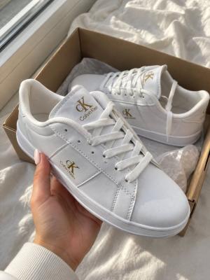 Calvin Klein CK Gold Logo All White Leather Low-Top Sneakers A-050 Beyaz